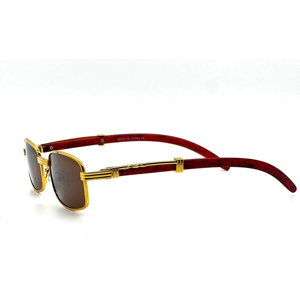 Rectangle Sunglasses‎ Gold Frame Wood Arms Dark Brown Lens Men Hip Hop Small New